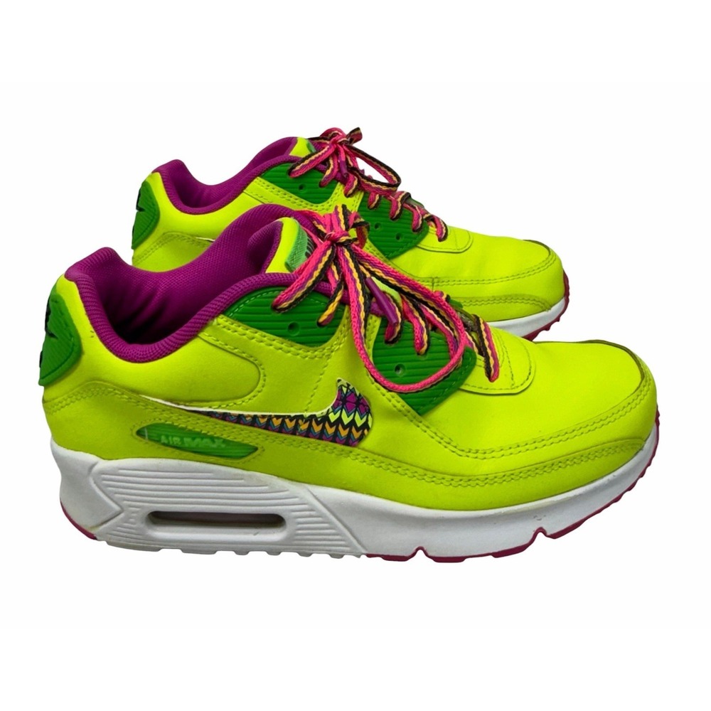 Nike Air Max 90 Leather "GS" Shoes Volt/Pink (CW5795 700) Size 3.5Y Extra Laces